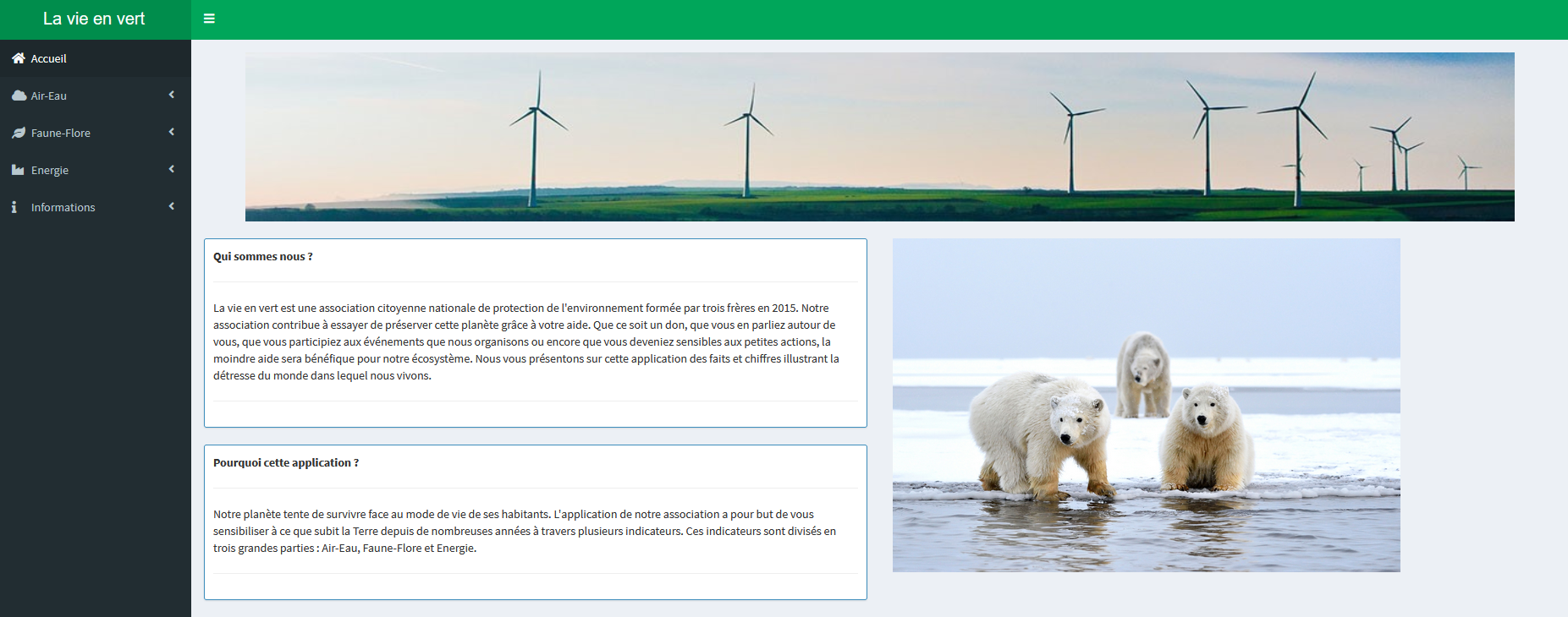 Page d'accueil de l'application la vie en vert