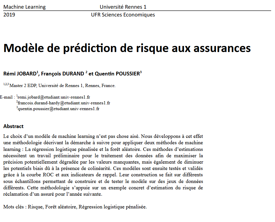 Abstract de l'article 'Modèle de prédiction des risques aux assurances